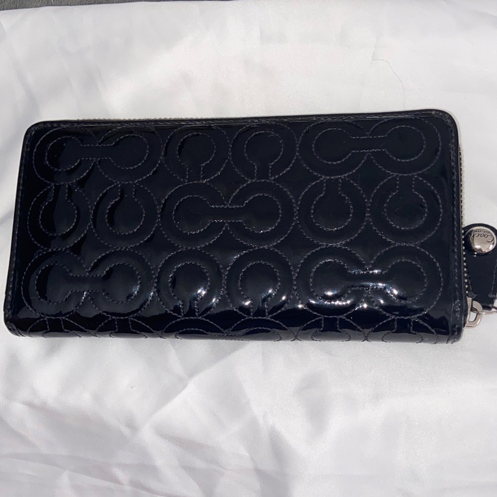 Coach Wallet Black patent leather signature C zip around closure